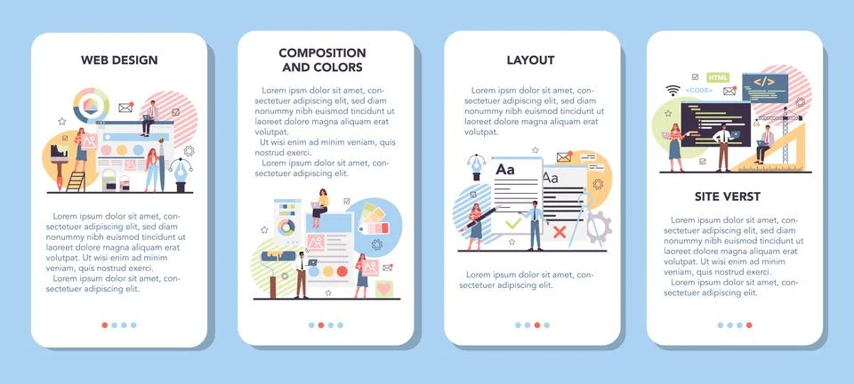Web design mobile application banner set. Presenting content Stock Illustration