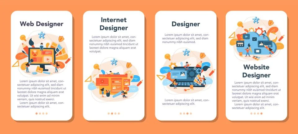 Web design mobile application banner set. Presenting content on web pages. Stock Illustration