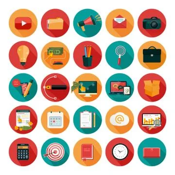 Web design objects, business, office and marketing items icons. Stock Illustration