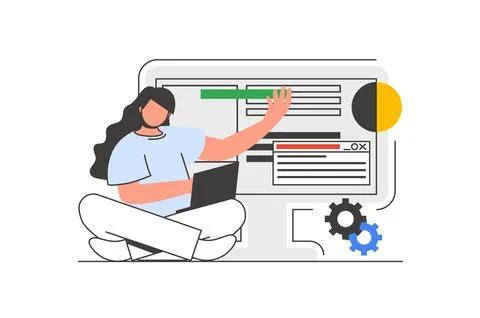 Web design outline concept with character scene. Woman makes ui ux layouts .. Illustrazione stock
