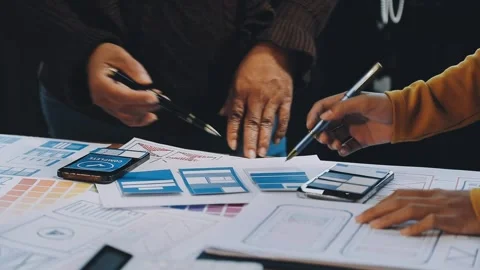 Web design process. The web designer creating a mockup of the mobile applic.. Stock Footage 291610531
