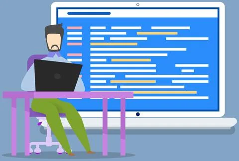 Web design, programming, software development concept. IT specialist coding with Stockillustratie