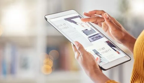 Web design, research and hands with a tablet for work, programming or check on Stock Photos