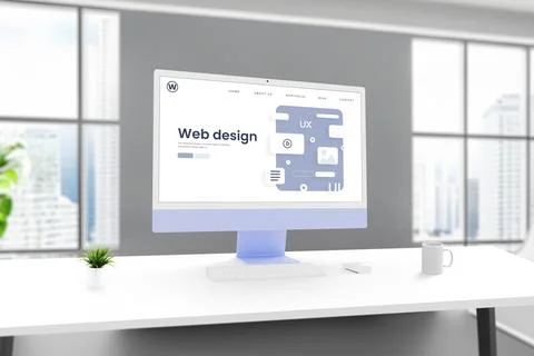 Web design studio ambiance with a computer display showcasing a web page Stockfoto's