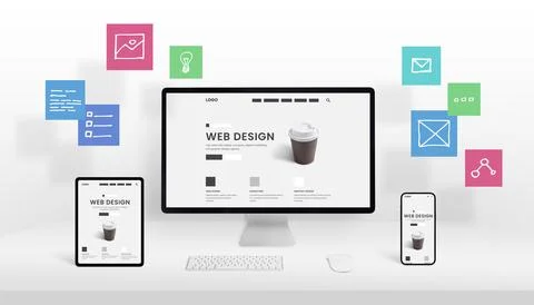 Web design studio and digital marketing agency concept. Responsive web page o Stock Photos