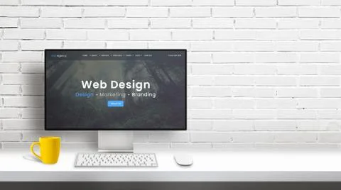 Web design studio computer display with agency portfolio web page. Copy space Stock-Illustration