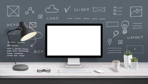 Web design studio computer display mockup. Display surrounded by web site ske Foto stock