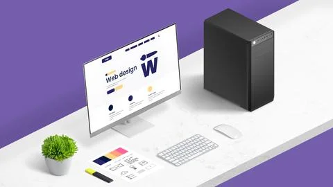Web design studio concept with company page on computer display, and color pa Stock Photos