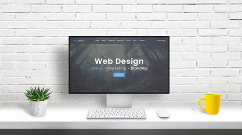 Web design studio concept with computer display and web design agency web pag Stock Illustration