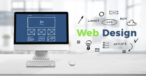 Web design studio concept with computer display on work desk and web design t Foto stock