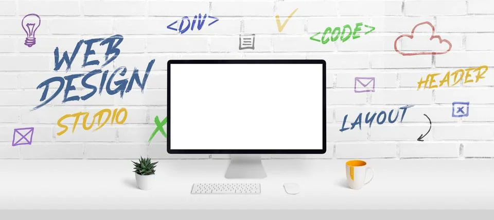 Web design studio concept with computer display mockup and work desk. Creativ Stock Photos