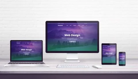 Web design studio concept with flat design responsive web site on display dev Stock Photos