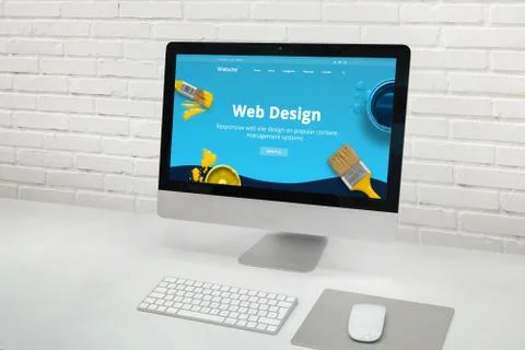 Web design studio concept with modern computer display with web design web si Foto stock