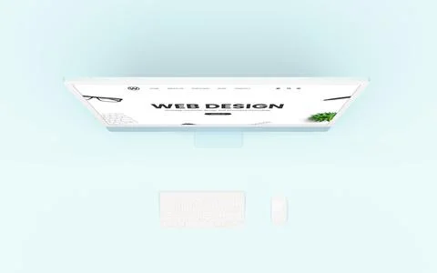 Web design studio concept page on the screen, with a keyboard and mouse besid Stock Illustration