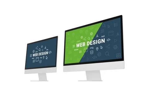 Web design studio concept with two computer displays and web design inscripti Ilustración de archivo