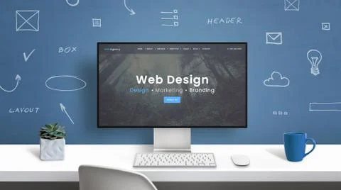Web design studio home page on modern computer monitor. Office desk with draw Stock Illustration