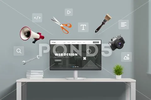 Web design studio mockup with flying tools and web page icons around computer PSDテンプレート