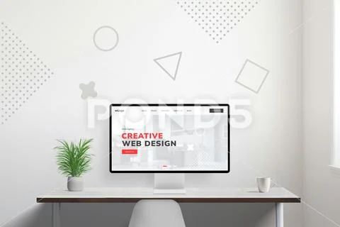 Web design studio mockup on modern computer display on work desk scene creato PSD Template