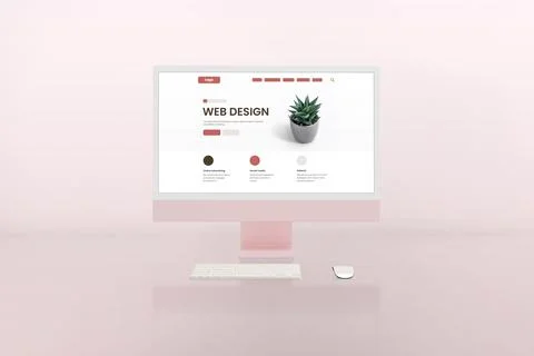 Web design studio with modern computer display and web page layout concept on Stock Illustration