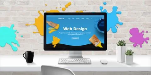 Web design studio with modern web site theme on computer display with color d Foto stock