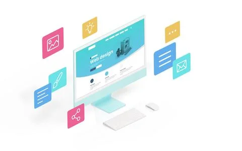 Web design studio page on computer display surrounded by flying web page layo Ilustración de archivo