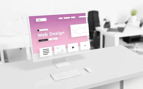Web design studio page layout elements hover in front of a modern display Stock Illustration
