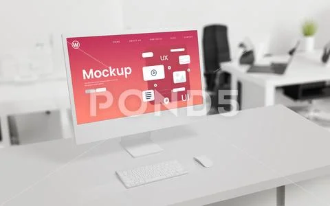 Web design studio page layout elements on modern computer display mockup PSD Template