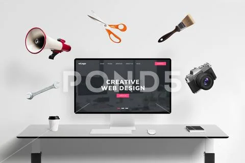 Web design studio page mockup with flying concept web tools scene creator PSD Template