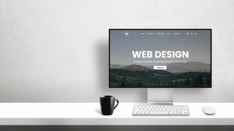 Web design studio portfolio page on computer display. Office desk with copy s Foto stock
