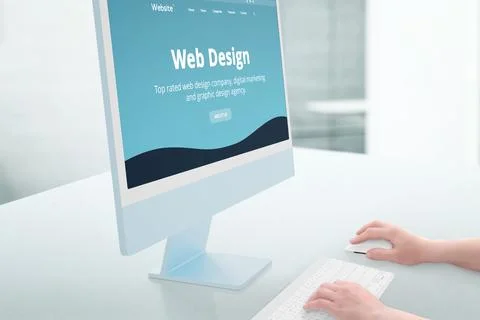 Web design studio showcase on modern computer display. Woman hands use keyboa イラスト素材