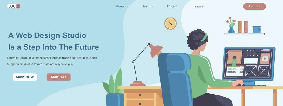Web Design Studio Is a Step Into The Future banner concept. Designer creates Ilustración de archivo