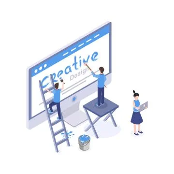 Web design studio vector isometric illustration. Graphic designer creating Illustrazione stock