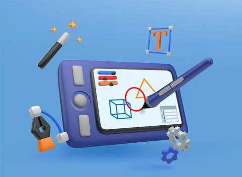 Web design tablet. 3D digital graphic tool. Education or artist pen render. M 스톡 일러스트