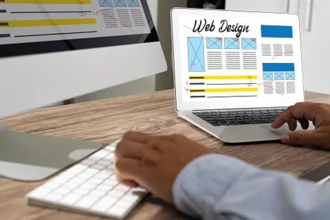 Web Design Template and web page Closeup shot of laptop with di Stock Photos