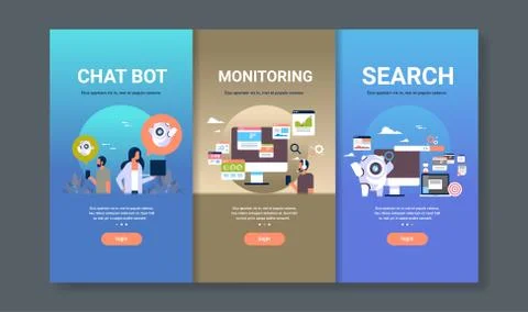 Web design template set for chat bot monitoring and search concepts different Stock Illustration