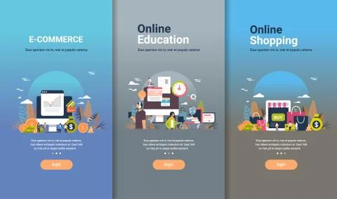 Web design template set for e-commerce online education and online shopping Stock Illustration