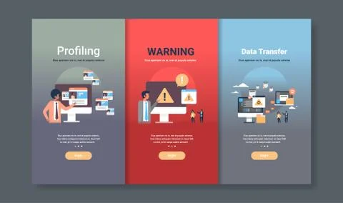 Web design template set for profiling warning and data transfer concepts Illustrazione stock
