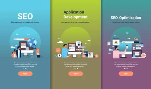 Web design template set for seo optimization and application development Illustrazione stock