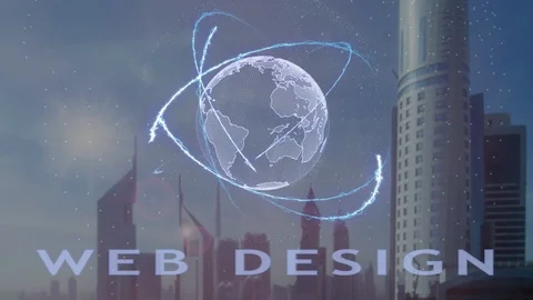 Web Design text with 3d hologram of the planet Earth against the backdrop of the Video stock 99091420