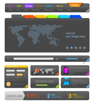 Web design ui elements toolkit pack. interface colorful dark theme. vector. Stock Illustration