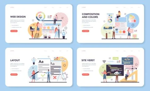 Web design web banner or landing page set. Presenting content Stock Illustration