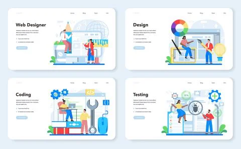 Web design web banner or landing page set. Presenting content on web pages Illustrazione stock