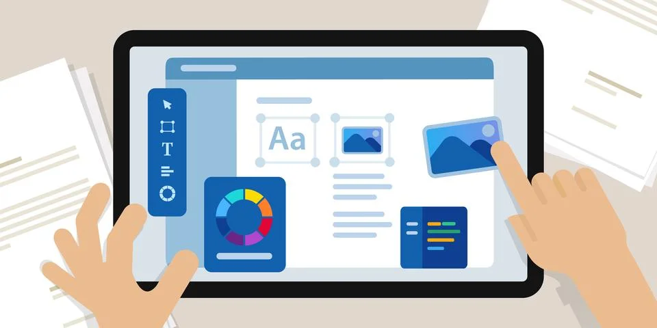 Web design website designer working on large screen create interface layout Stock Illustration