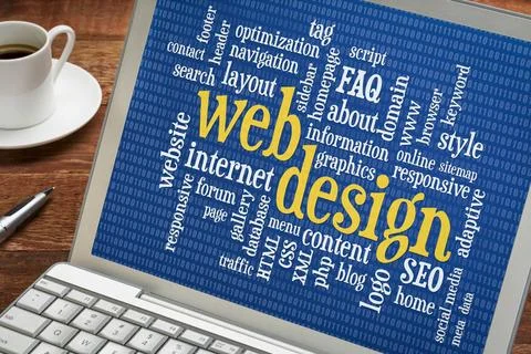 Web design word cloud on laptop screen web design and development word clo... Stock Photos