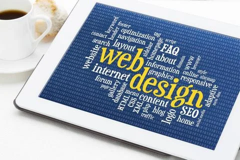  web design word cloud web design word cloud with binary background on a d... Stock Photos