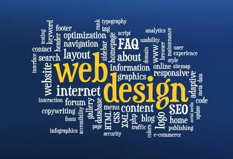  web design word cloud web design word cloud on a blue computer screen bac... Foto stock