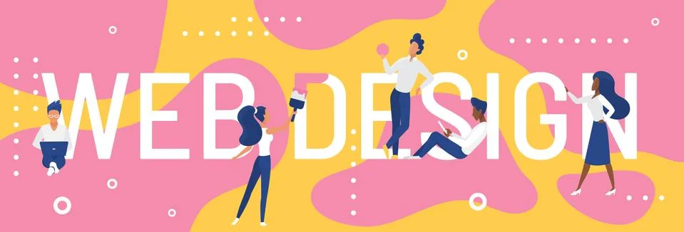 Web design word concept vector illustration, cartoon flat designer developer Stock Illustration