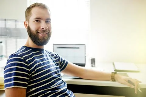 Web designer, computer or portrait of happy man in startup for software sys.. Foto stock