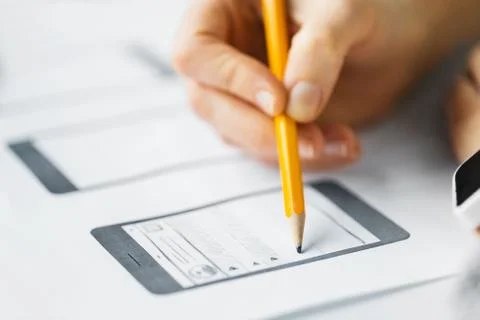 Web designer hand creating user interface layout 스톡 사진