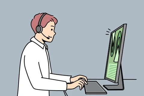 Web designer in headset works at computer. Stock Illustration